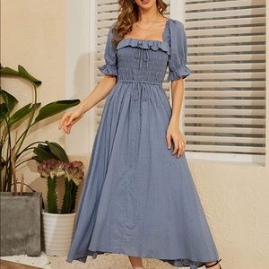 R.YIposha Women Square Neck Ruffled Half Sleeve Dress in dusty blue